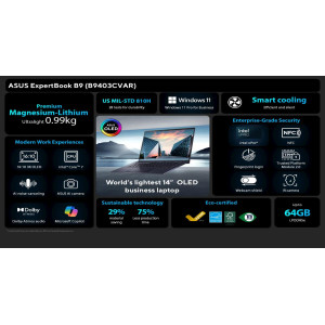 ASUS ExpertBook B9 FLAGSHIP B9403CV-ARKM1439X 14" FHD I7-150U 32GB 1TB SSD W11P 3YW ASUS ExpertBook B9 FLAGSHIP B9403CV-ARKM1439X 14" FHD I7-150U 32GB 1TB SSD W11P 3YW